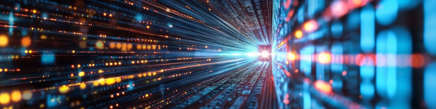 Abstract digital data stream background, glowing lights, futuristic technology concept.
