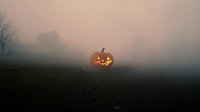 Three glowing pumpkins with carved faces stand on the grass in the Halloween fog.