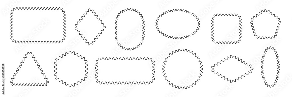 Poster geometric shape blank frames set. black and white zigzag outline frame collection. scallop wavy line