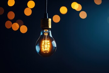 A glowing lightbulb hangs against a dark background with bokeh lights, symbolizing innovation, creativity, and ideas.