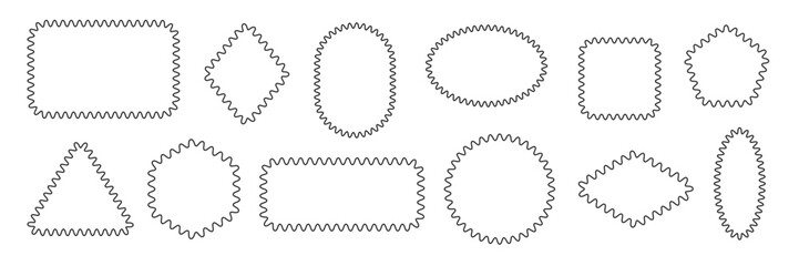 Geometric shape blank Frames set. Black and white zigzag outline frame collection. Scallop wavy Line border for Tag Label Badge Design. Rectangle Ellipse Square Circle elements. Vector illustration