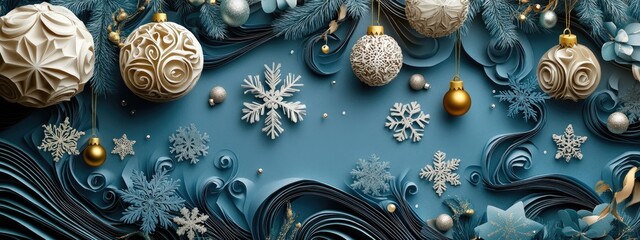 Elegant Blue and Gold Christmas Ornaments with Snowflakes and Festive Decorations