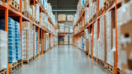Warehouse with well-organized aisles, products labeled with scannable codes, photorealistic, hyper-resolution, efficient inventory systems