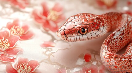Obraz premium Vibrant Red Snake Among Floral Patterns - Close-up of Serpent on Decorative Fabric