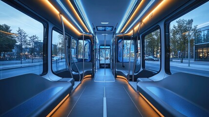 Obraz premium Modern Electric Bus Interior with LED Lighting and Panoramic Windows in an Urban Setting During Twilight