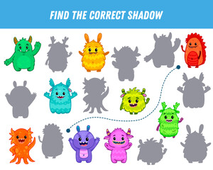 Obraz premium Find correct shadow of monsters. Educational logical game for kids. Cartoon monster. Halloween game.