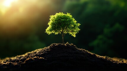 A small tree growing out of a mound of soil with sunlight filtering through green foliage in the background.