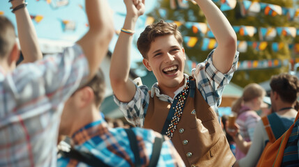 Obraz premium Young happy German European millenial man wearing traditional German clothes at Octoberfest festival dancing and drinking with friends. fun at a party in Europe Spanish dance smiling. LGBTQIA