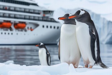Gentoo penguins standing on icy shore near a cruise ship in Antarctica during daylight hours