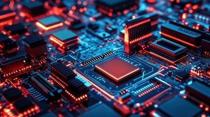 Obraz premium Close-up of a Circuit Board with Red and Blue Lights