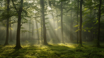 Fototapeta premium Mystical Forest with Morning Fog, Tall Trees, and Soft Light