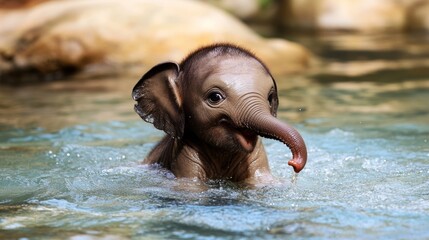 Fototapeta premium Cute baby elephant enjoys a refreshing dip in the water.
