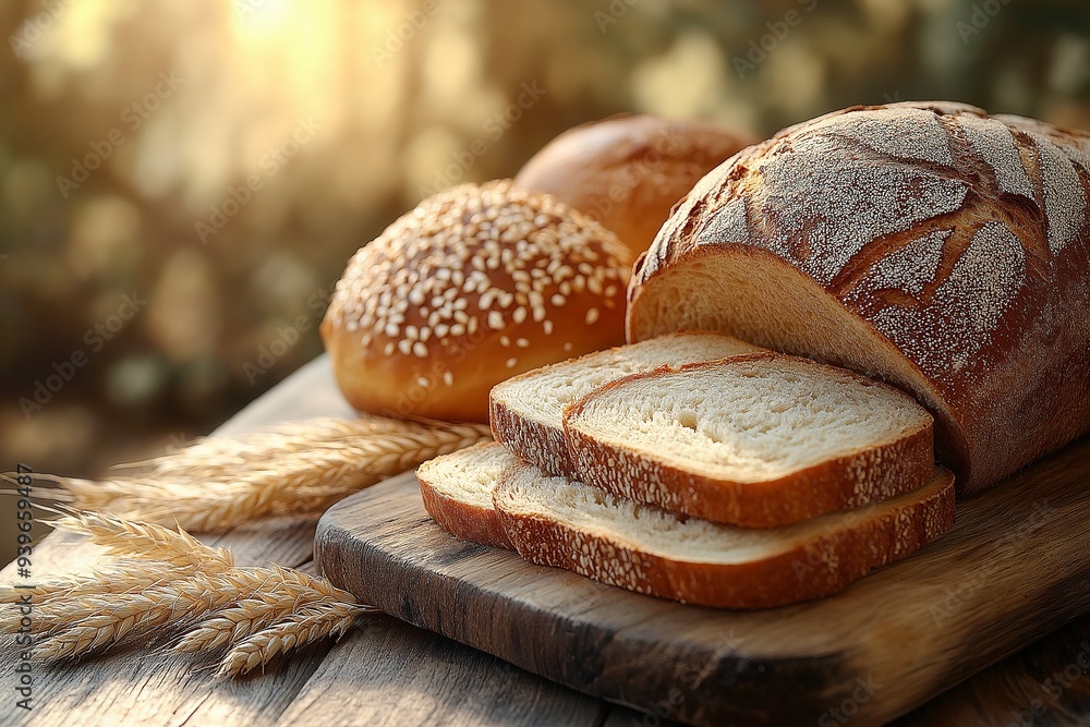 Wall mural sliced loaf of bread on a wooden cutting board with wheat stalks