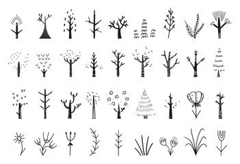 Abstract nature elements. Tree branches bush and flowers. Isolated black doodle natural objects, hand drawn forest, organic vector clipart