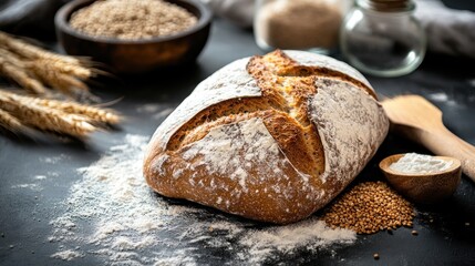 Naklejka premium Freshly Baked Bread with Flour and Wheat