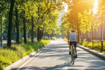 Fototapeta premium Cyclist riding on a sunlit park road surrounded by lush green trees, enjoying a peaceful morning.