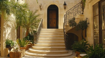 Fototapeta premium A set of stairs with potted plants on both sides leads up to a building