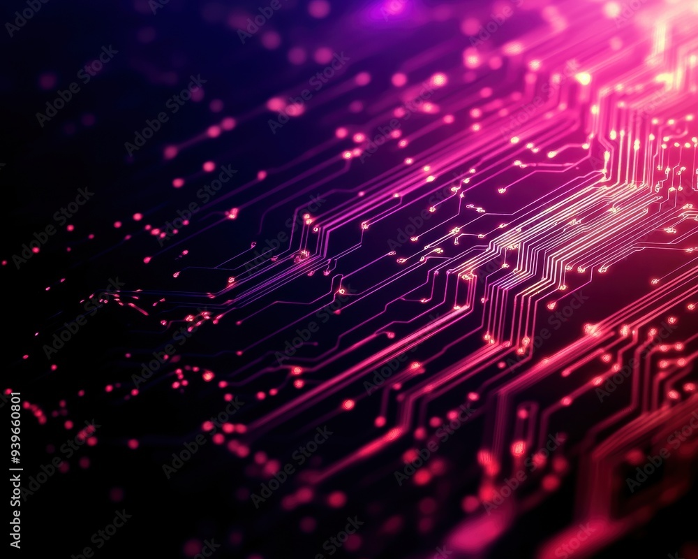 Poster abstract background featuring interconnected digital circuits illuminated in vibrant pink and purple