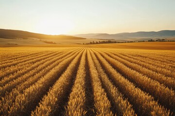 Golden wheat field with rows of ripe crops stretching into the distance, bathed in the warm glow of sunset.