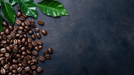 Obraz premium Coffee Beans with Green Leaves on a Dark Background