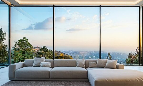a living room with a large sectional couch
