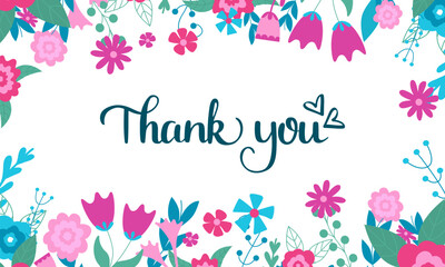 Thank you banner design. Doodle flowers and handwritten phrase with hearts. Floral frame template. Gratitude, respect and appreciation vector postcard