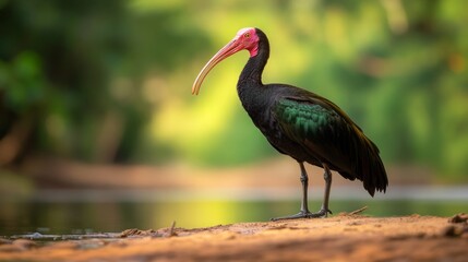 Naklejka premium Northern Bald Ibis in natural setting, Full view with glossy feathers on sandy riverbank, Unique bald head against river backdrop, Critical for studying endangered species