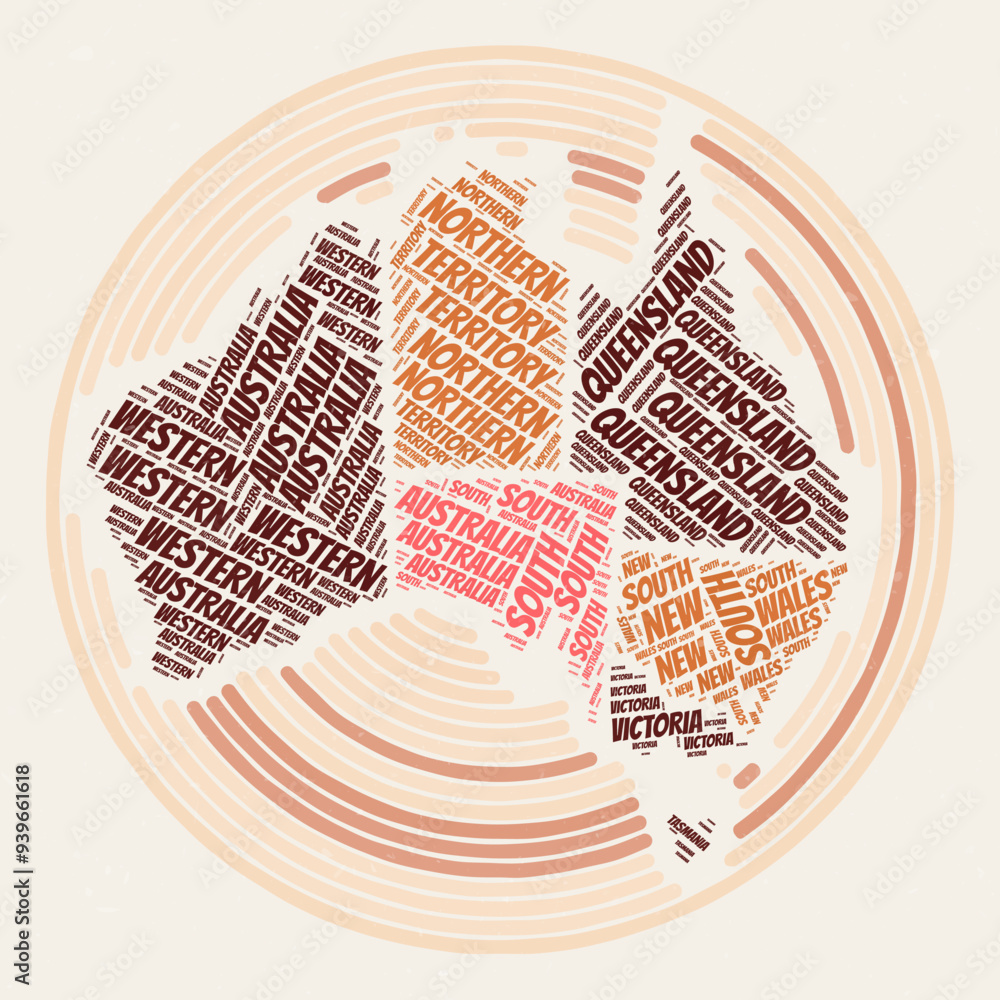 Poster typography style image of australia with regions word clouds. vintage image design with scratch text