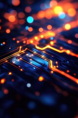 Abstract macro image of a glowing microchip circuit board with blue and orange lights, highlighting the complexity of modern technology.
