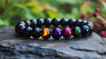 This stunning Rainbow Eye Obsidian Crystal Bracelet features rainbow obsidian beads, known for their mystical properties, set against a retro backdrop.