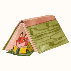 Red fox kid and book. children illustration. watercolor vector. animal cartoon. reading and education concept artwork.