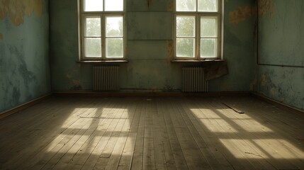 Dusty sunlight streams through the windows of an empty room, illuminating the wooden floor and revealing peeling paint on the walls, creating a solemn yet serene atmosphere