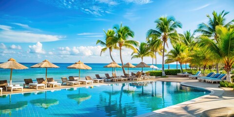 Luxurious beach resort with palm trees and inviting pool by the ocean at sunset. Generative AI