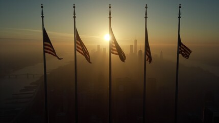 Patriot Day in the USA with ceremonies honoring those lost on 9/11, American flags at half-staff, moments of silence, sense of reflection and national unity, solemn and respectful atmosphere
