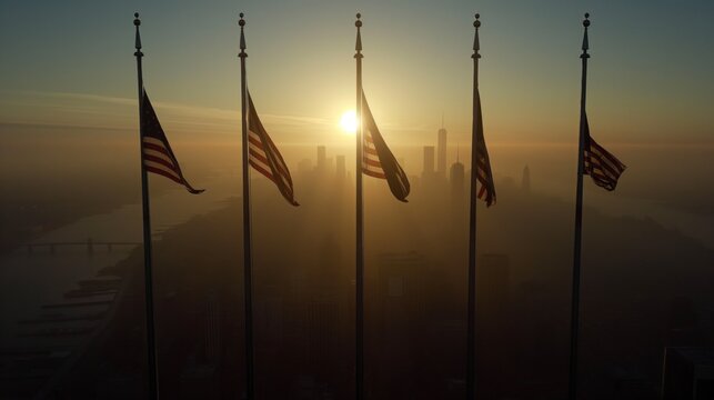 Patriot Day in the USA with ceremonies honoring those lost on 9/11, American flags at half-staff, moments of silence, sense of reflection and national unity, solemn and respectful atmosphere