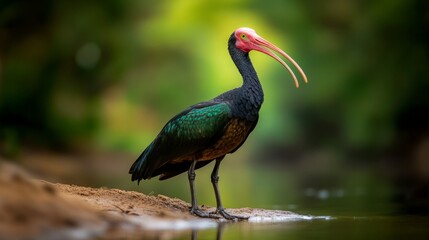 Fototapeta premium Northern Bald Ibis stands on sandy riverbank, Full shot capturing glossy feathers and bald profile, Set in a dynamic river environment, Reflects challenges of species conservation