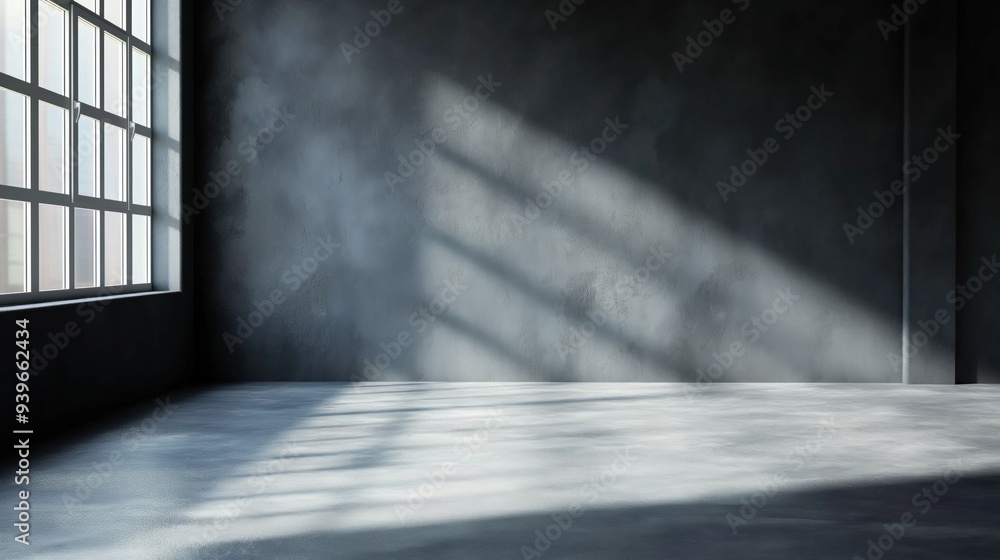 Poster sunlight filters through expansive windows, casting long shadows in a minimalist, empty industrial s