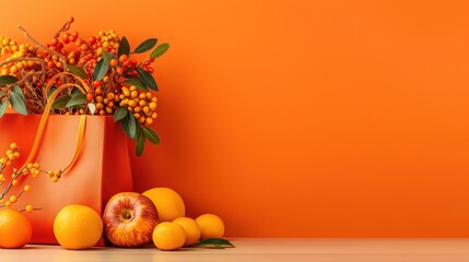 A colorful arrangement showcases oranges, an apple, and autumn foliage in an orange bag, set against a bright orange wall, perfect for seasonal decoration or fall themes