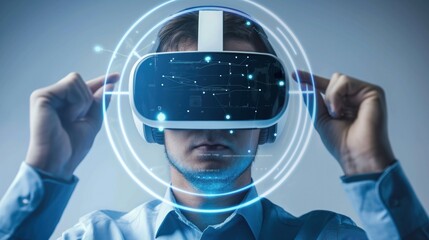 A person wearing a virtual reality headset interacts with a digital environment, fully immersed in the experience, showcasing advanced technology in a contemporary indoor space