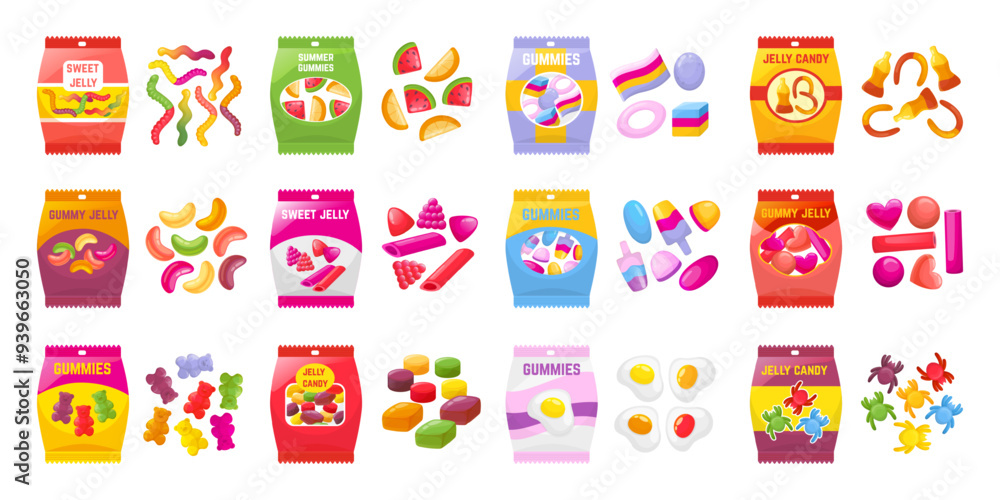 Sticker Gummies sweets. Cartoon jellies candies, sweet marmalade candy packs. Juicy desserts, jelly fruits worms bears berries, neoteric vector set