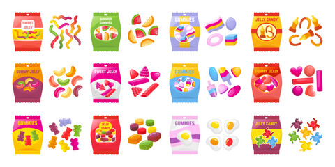 Obraz premium Gummies sweets. Cartoon jellies candies, sweet marmalade candy packs. Juicy desserts, jelly fruits worms bears berries, neoteric vector set