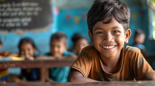 Migrant children attending school for the first time, expressions of curiosity and excitement, sense of educational opportunity and inclusion, classroom setting with diverse students - Powered by Adobe