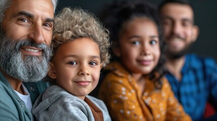 A family gathers in a warm indoor space, smiling together. The image features an elderly man, a young boy with curly hair, and two adults, capturing their close bond and happiness