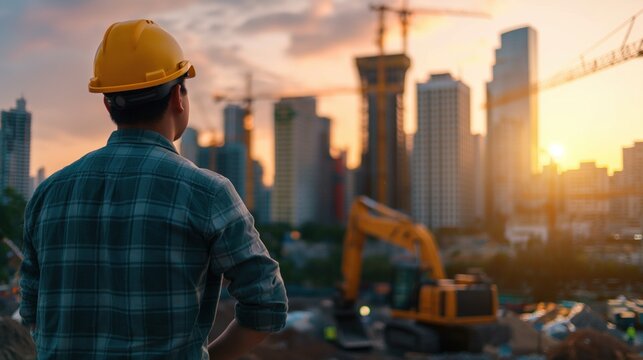 Migrant worker in an urban construction site, operating heavy machinery, sense of hard work and skill, focus on economic contribution and building a future, city skyline visible in background