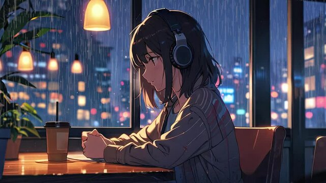 Lofi girl relaxing listening to music with headphones in coffee shop on rainy night. Anime art style. Loop animation. lofi music background