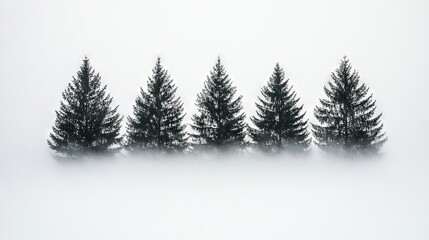 Obraz premium A row of pine trees in the fog on a foggy day in the United States' mountains