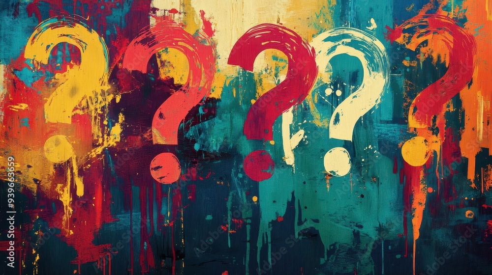 Poster abstract artwork featuring colorful question marks on a textured background.