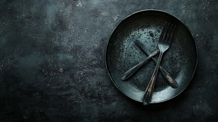 Fototapeta premium Utensils rest on a dark surface beside an empty dish