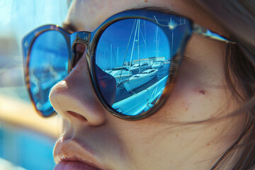 Close-up of a woman wearing sunglasses reflecting yachts and blue sky, highlighting luxurious...