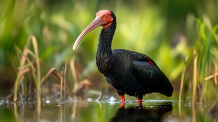 Northern Bald Ibis explores wetland habitat, Tall reeds frame the scene, Reflection in water captures bird's form, Emphasizes conservation of threatened species, Perfect for wildlife documentaries
